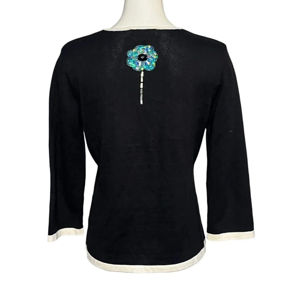 Jack B Quick Vintage Sweater Black Sequin Flower Lightweight Cardigan Size M